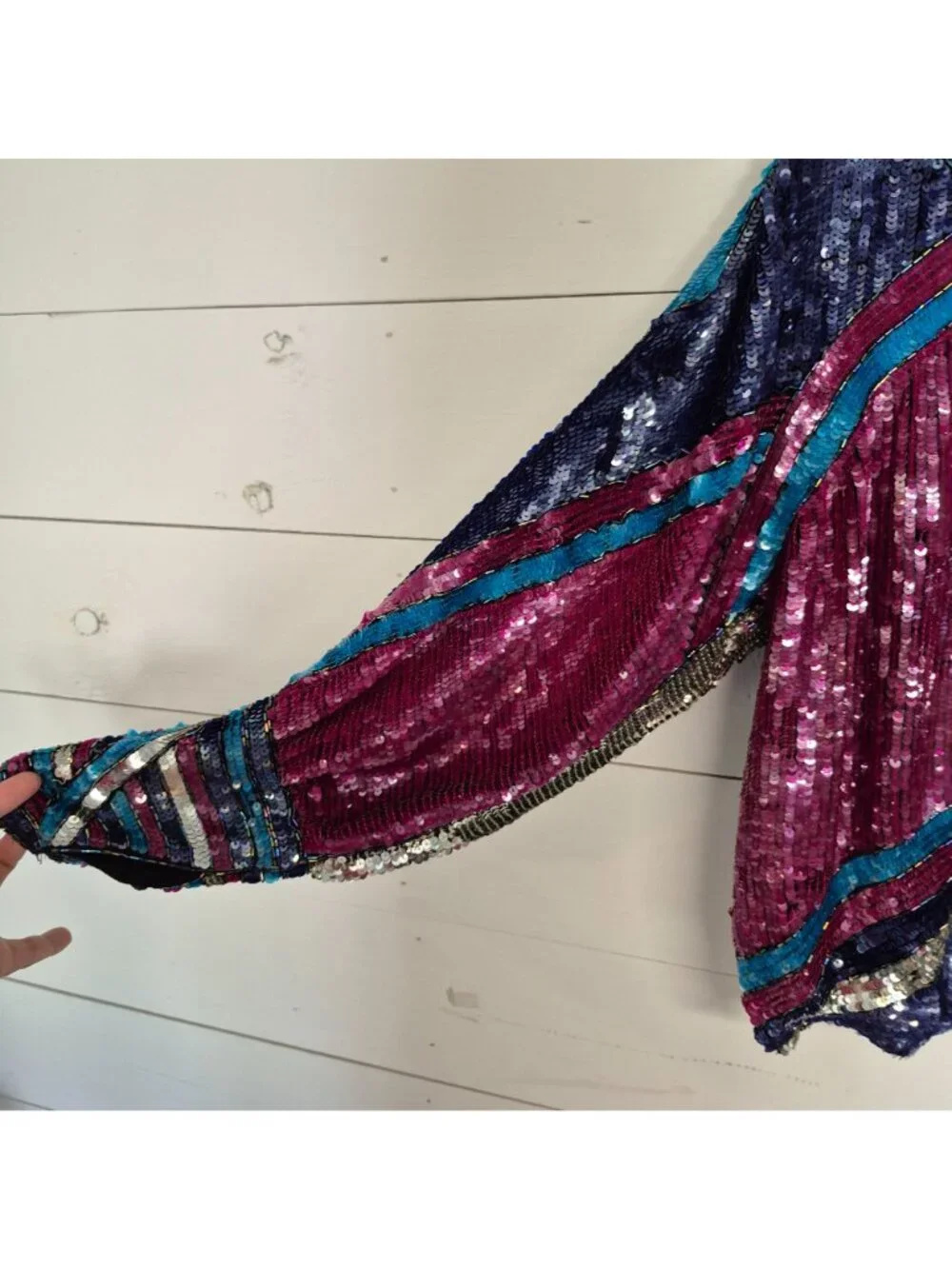 Vintage 70s Sitara Colorful Sequin Silk Blouse Top Long Sleeve - Picture 2 of 8